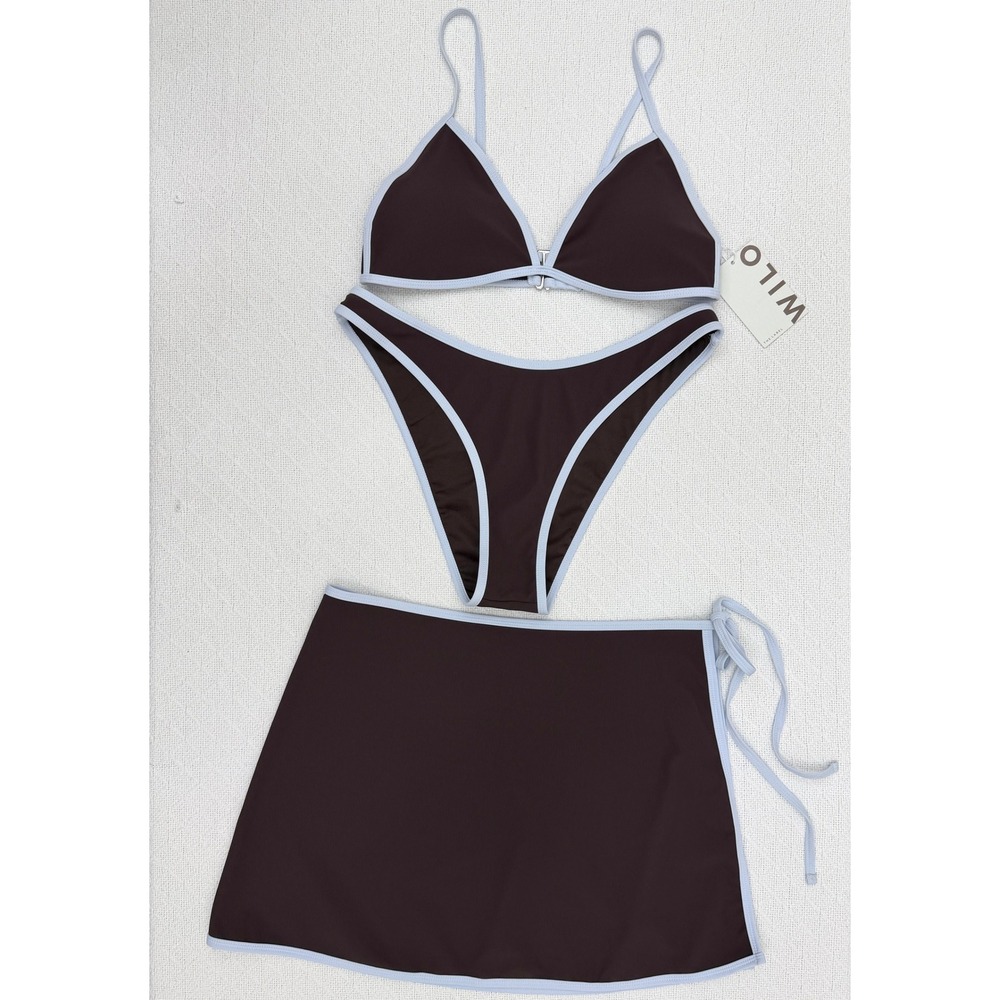 WILO The‎ Label 3PC Contrast Bikini Set with Skirt Chocolate Brown Blue Large